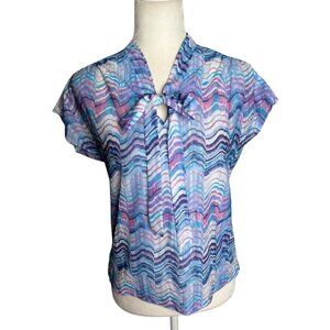 Vintage 80s Blouse Bow Tie Small Zigzag Pastel Purple Blue Short Sleeve Sheer